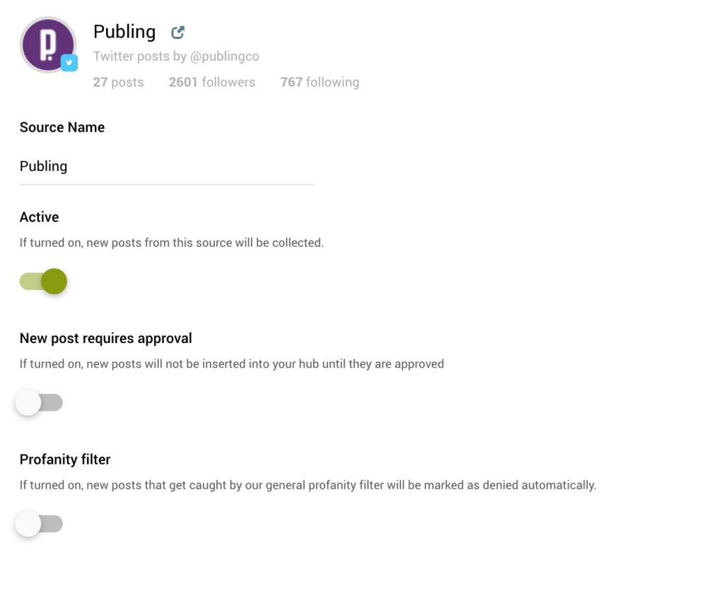 Screenshot of creating twitter content source on Publing