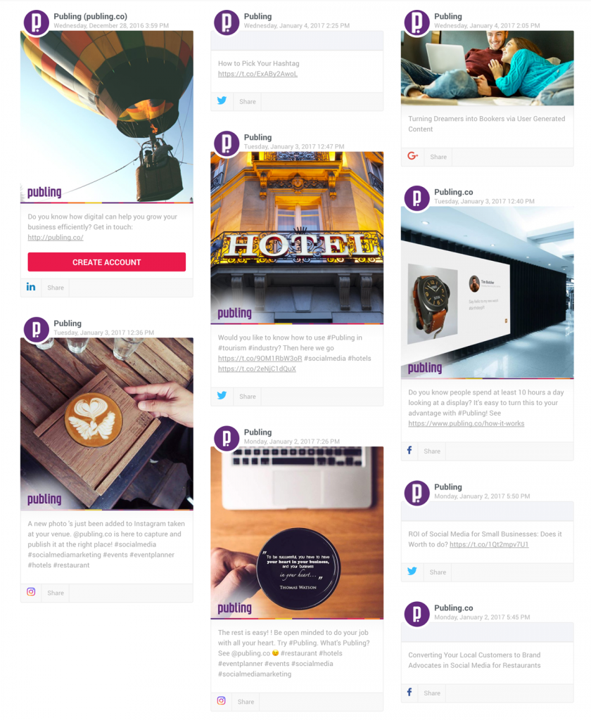 Social Media posts from Publing displayed on a single screen